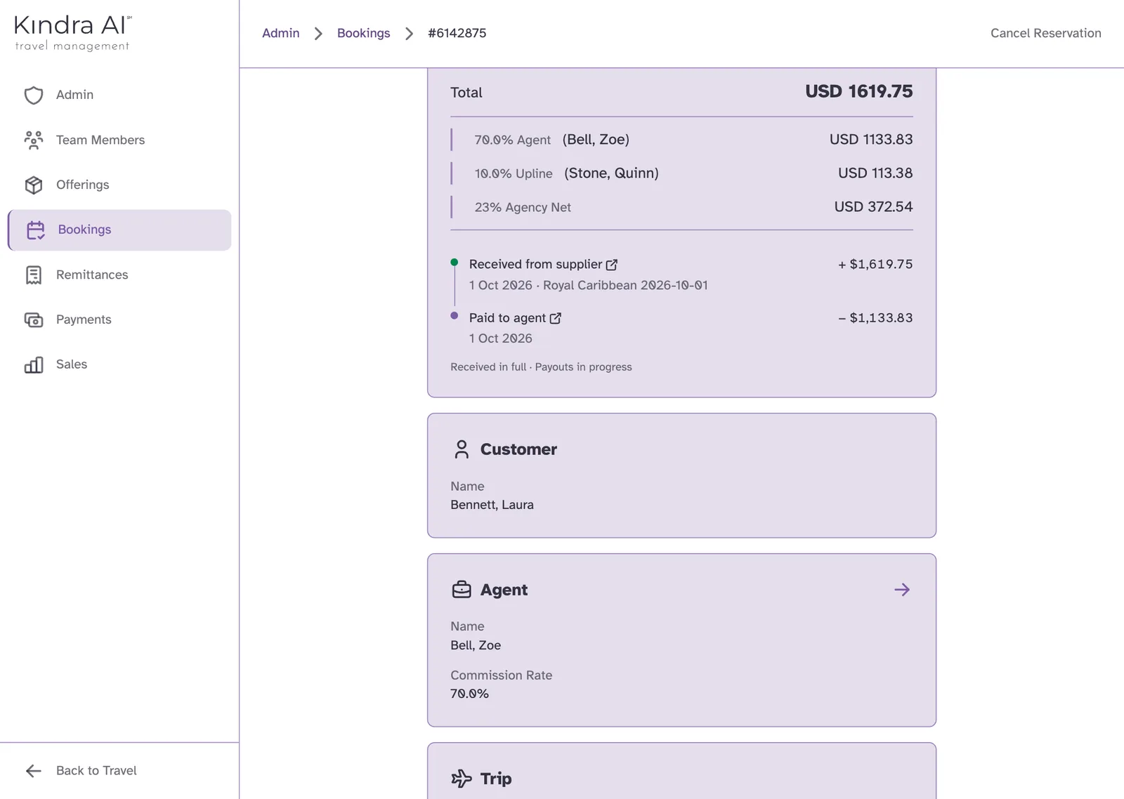 A $1,619.75 Royal Caribbean commission in Kindra AI, split into $1,133.83 for the agent at 70%, $113.38 for the upline and $372.54 for the agency.