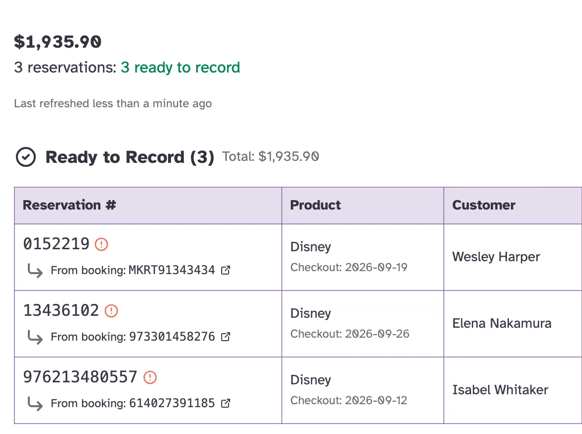 A Disney statement in Kindra AI: three lines ready to record, each showing the number on the check and, under it, the booking it was matched to by guest name and travel dates