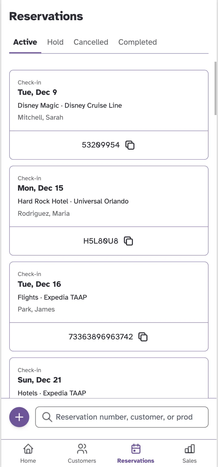Kindra AI mobile app showing agent reservations with Disney and Universal bookings